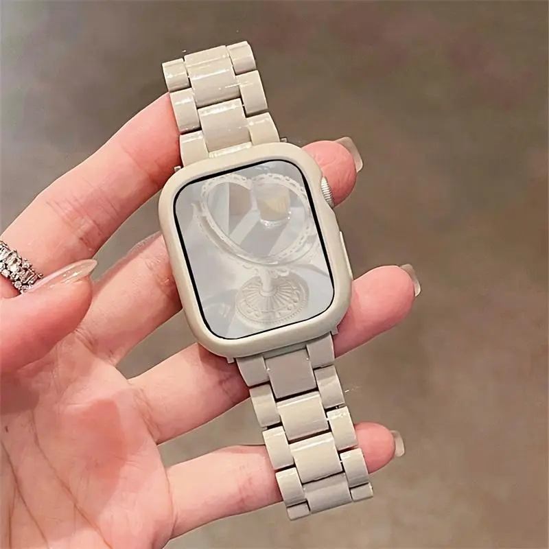 Starlight Creamy Soft Case + Acrylic Plastic Strap for Apple 42mm/46mm, 41m118.11/1496.06inch, 40mm /42 m4, 1732.28inch 45,49 Ultra Japan Korea Girl Band iWatch 10 9 8 SE 7 6 5 4 3 Solid Color Sport Watch Set, Smartwatch Accessories, Watch