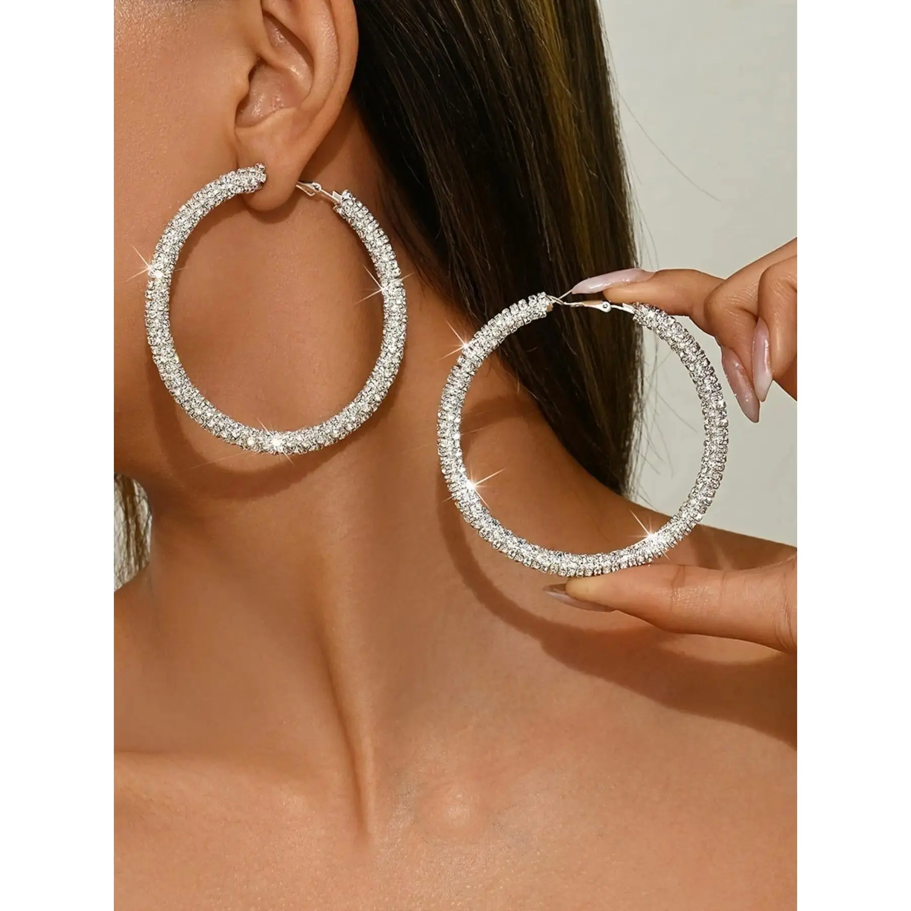 Women's All-Season Statement Circle Hoop Earrings - Oversized Rhinestone-Encrusted Lightweight Comfortable Wear, Wedding Jewelry, Perfect Bridesmaid Gift
