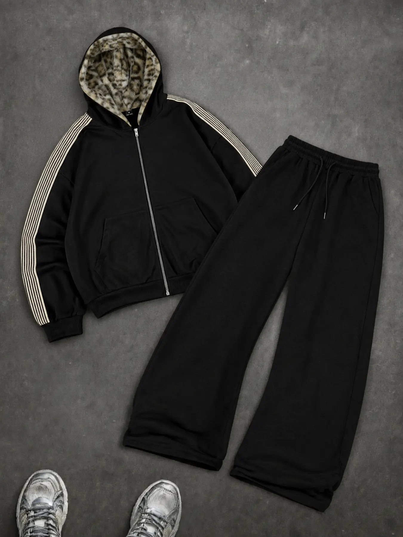 Men's Y2K Retro American Streetwear Two-Piece Set, Zip-Up Hoodie with Leopard Lining, Loose Fit Sweatpants, Fall Winter