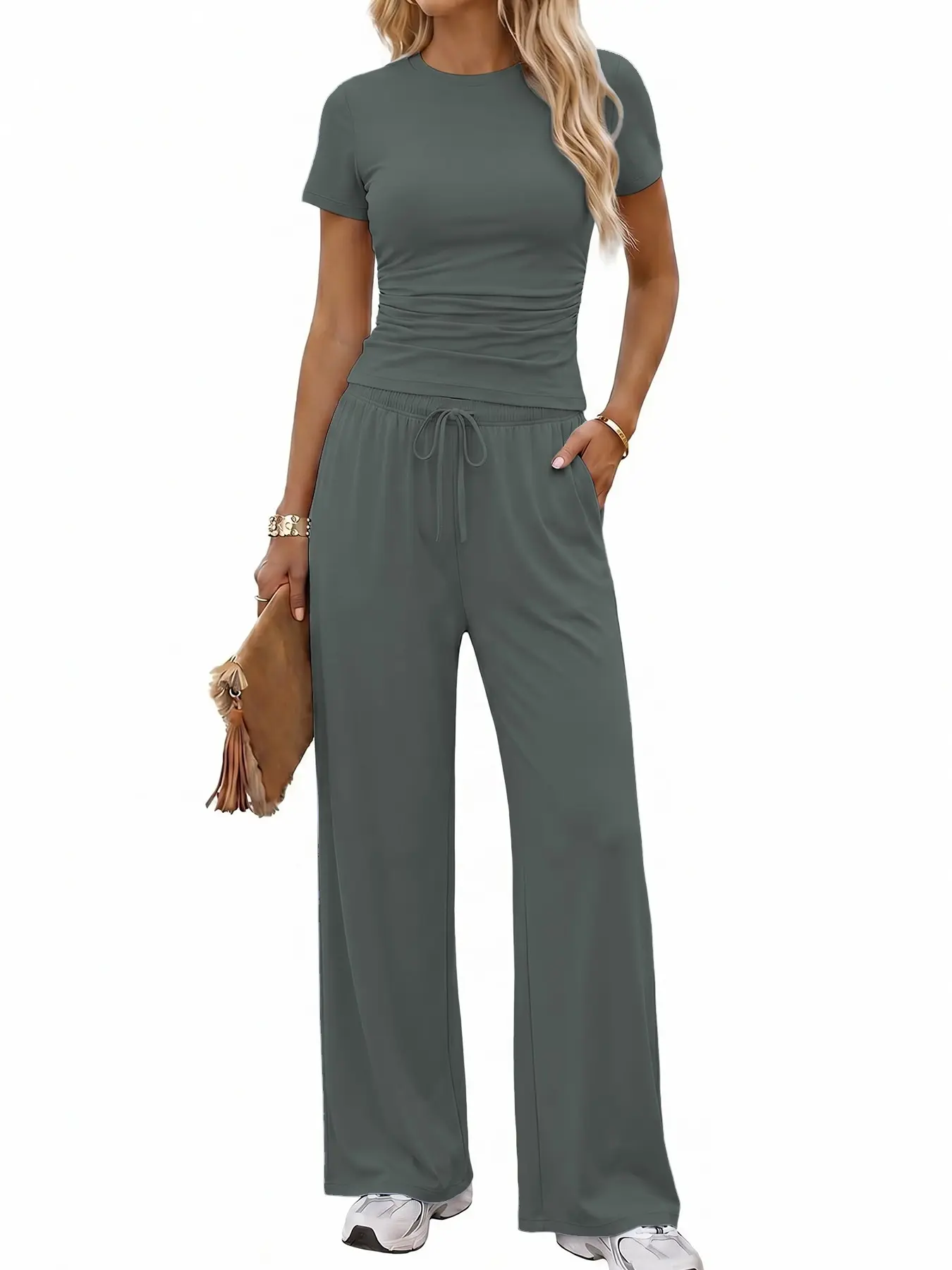 Women's 2 Piece Loungewear Set, Short Crew Neck Ruched Crop Top & Drawstring Pants, Slim Fit Casual Tracksuit with Pockets