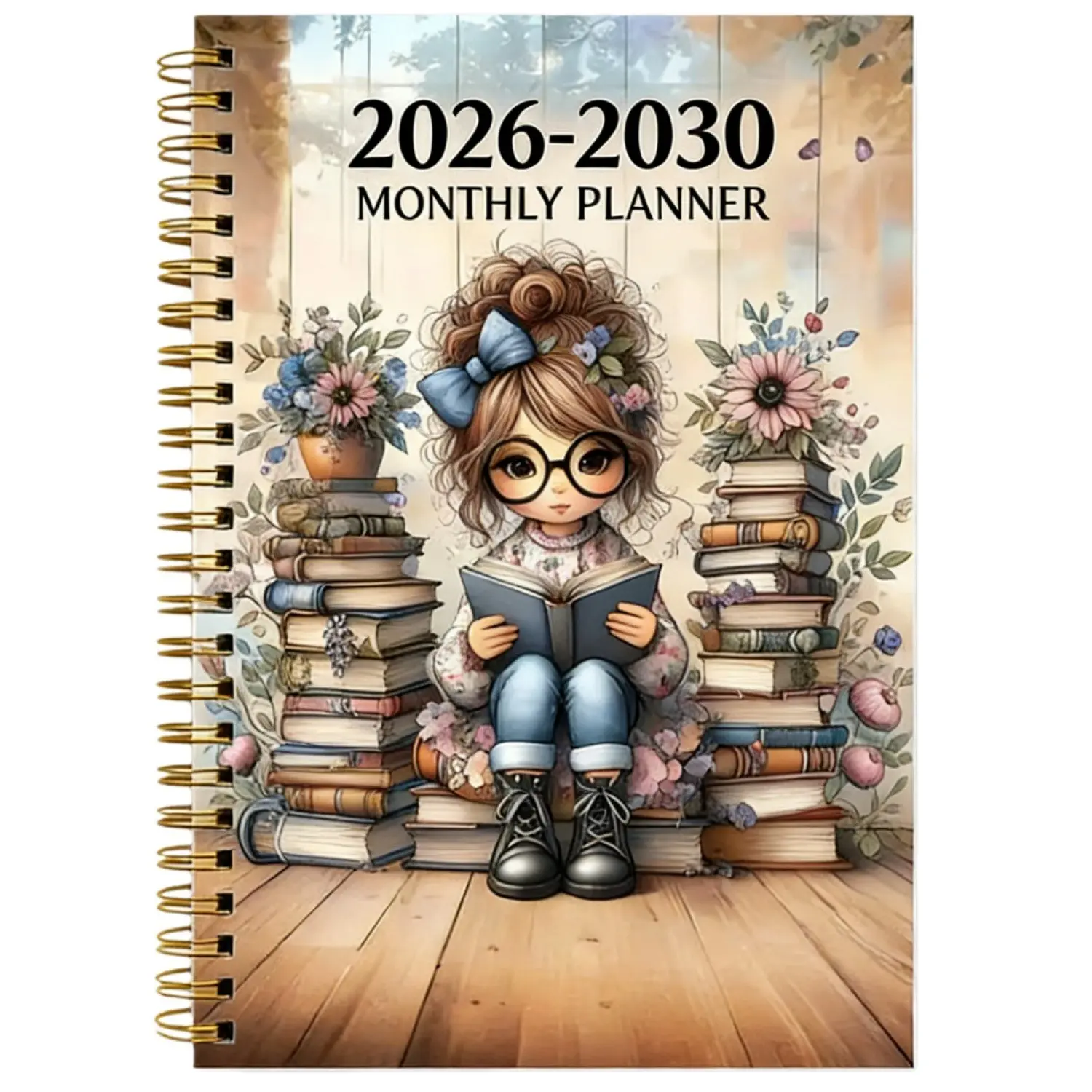 Vintage Book Lover Girl Cartoon Aesthetic Planner, Monthly Tabs, 5-Year Monthly Calendar 2026-2030, 142 Pages Thick Paper, Office & Daily Use