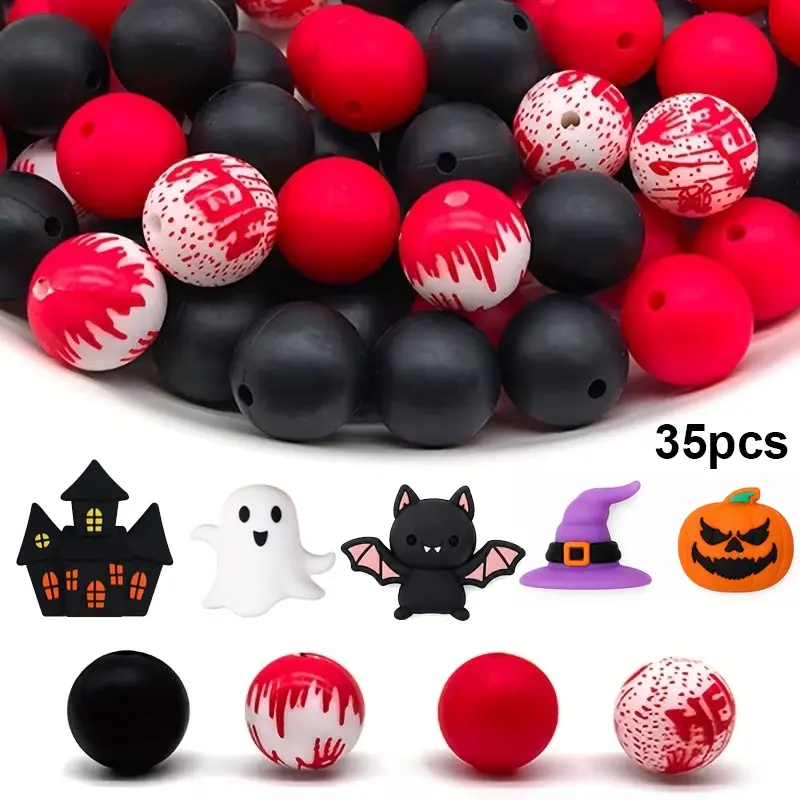 35pcs Halloween 3D Silicone Focal Beads Set, Ghost Bat Pumpkin Witch Hat Beads, DIY Crafts, Beadable Pens, Creative Decorations