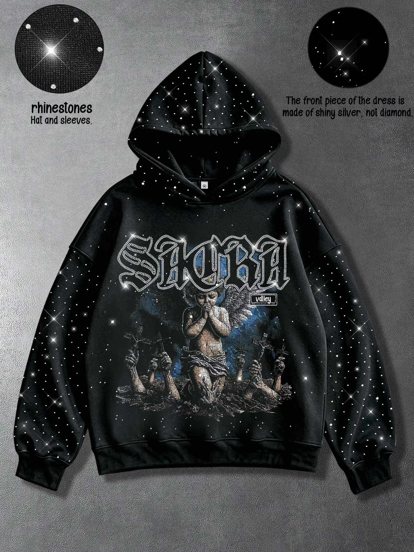 Y2K High Street Rhinestone Men's Pullover Hooded Sweatshirt, Gothic Floral SAKRA Letter Kneeling Praying Angel Distressed Print Hooded Top with Full Rhinestone Coverage on Hood and Sleeves, Loose-fitting Trendy Couple Pullover Sweatshirt, Aesthetic Hoodie