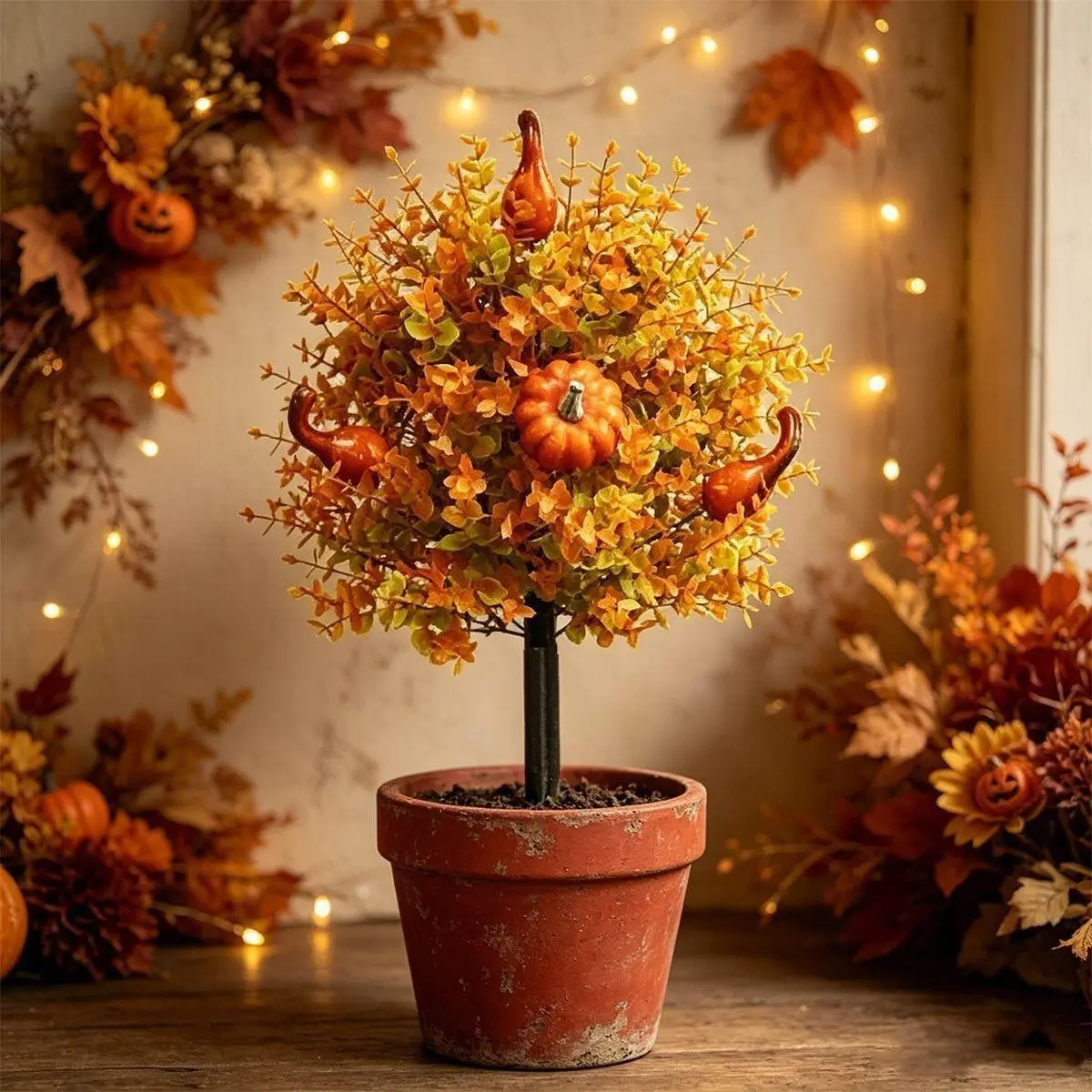 Autumn Decorative Small Tree Set, Artificial Fake Plants, Realistic Maple Leaves Foam Pumpkin Combo, Indoor Outdoor Scene Decor, Halloween Thanksgiving Fall Atmosphere