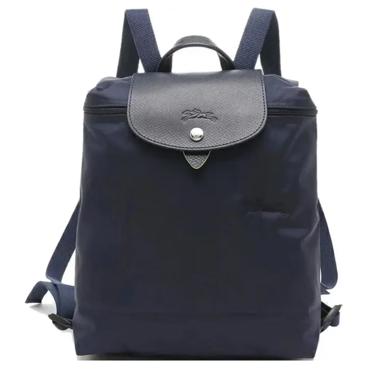Longchamp Le Pliage Green 26 Backpack – Women’s Solid Color Snap-Zip Closure, Recycled Canvas with Leather Trim, Navy Blue