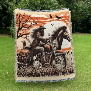 Multifunctional Household Yarn Jacquard Tassel Blanket with Railroad cowboy pattern, fade-resistant and pill-free, suitable for indoor& outdoor use. Ideal as bed blanket, sofa throw, nap blanket, air-conditioning blanket and camping blanket