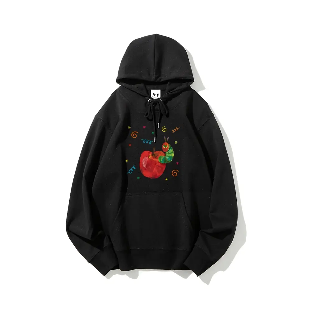 Retro Hungry Caterpillar Apple Print Hoodie, Fashion Casual Graphic Crewneck Hooded Sweatshirt for Daily Holiday Outdoor Wear, Long-Sleeve Women Clothing for Fall & Winter, Casual Streetwear Pullover Sweatshirt Adjustable Cotton