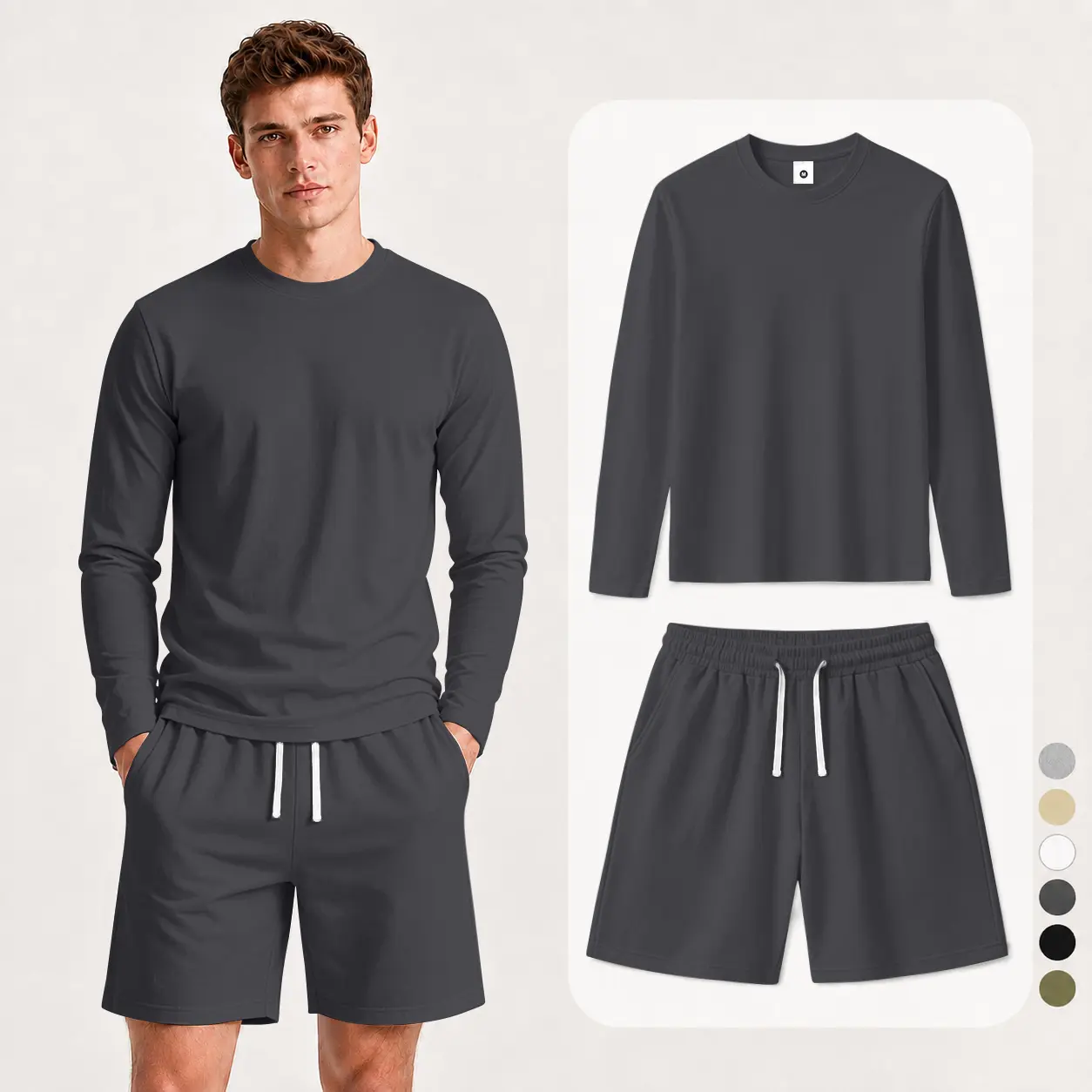Men's Long Sleeve T-Shirt and Shorts Matching Set, Crew Neck Tee with Drawstring Elastic Waist Shorts, Soft Stretch Regular Fit Casual Outfit, Everyday Streetwear Loungewear Set for Gym, Travel, Weekend, Spring and Fall Clothes Cotton