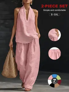 Women's Linen Set 2-Piece, Halter V-Neck Top & High-Waist Wide-Leg Pants, Casual Summer Beachwear, Comfortable Lounge Wear