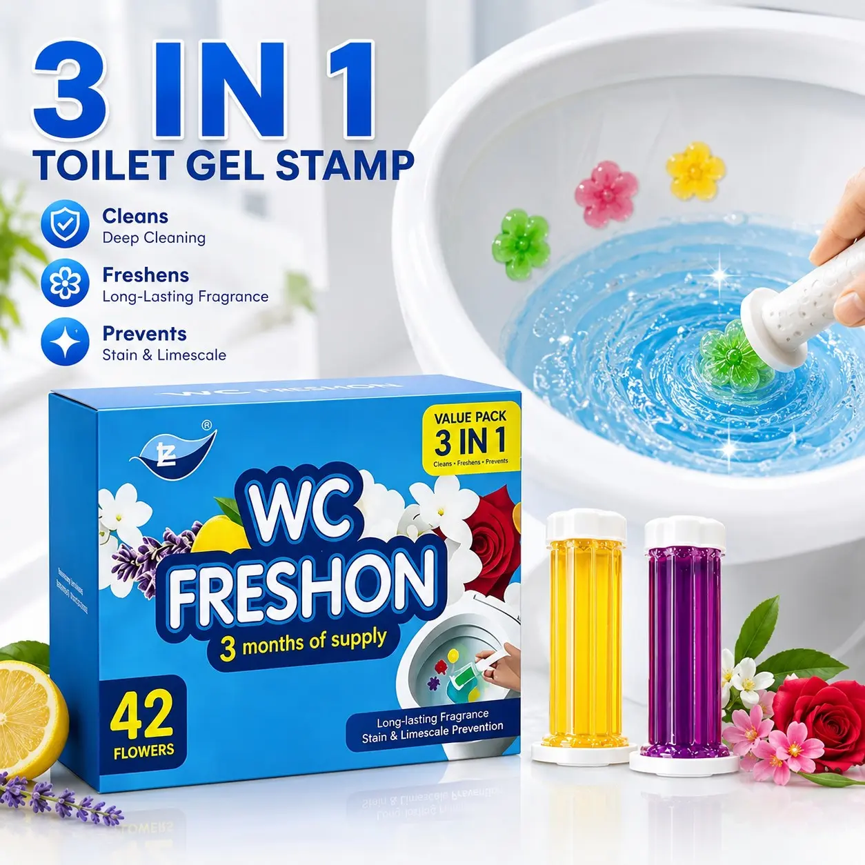 Toilet cleaning gel stamps (3-pack). Automatic, long-lasting, fresh-scented toilet cleaning gel. An easy-to-use bathroom cleaning essential, Hygienic Toilet Cleaner. Cleaning product.