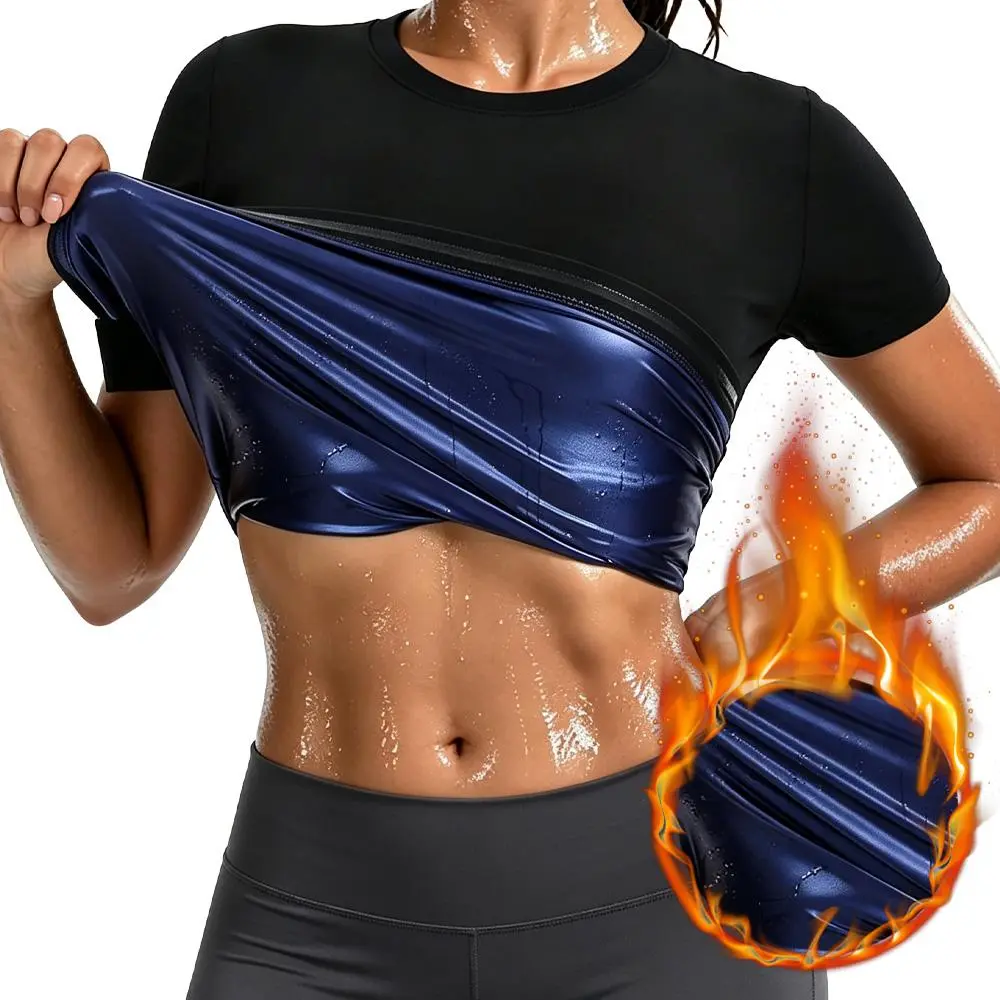 Sauna Suit Shirt for Women, Waist Trainer Sweat Vest Workout Fajas Heat Trapping Athletic Tee Top Compression Body Shaper for Gym Fitness Training Sweat Shaping