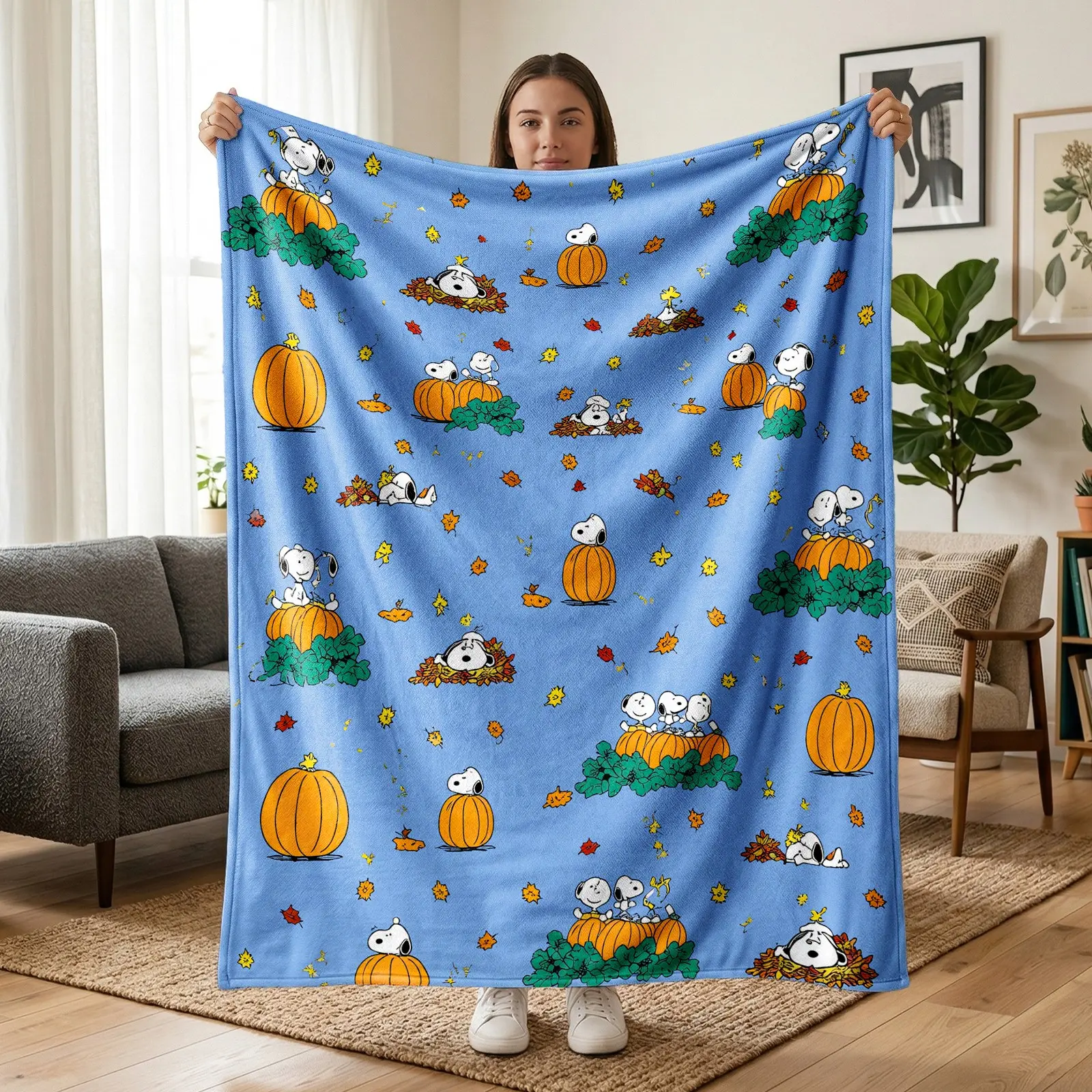 1pc Snoopy Autumn Pumpkin Maple Leaf Cartoon Flannel Blanket, Printed with Snoopy, Pumpkins and Fall Leaves Cartoon Patterns, Soft Warm Nap Throw for Sofa Bed Office Camping, Thanksgiving Gift