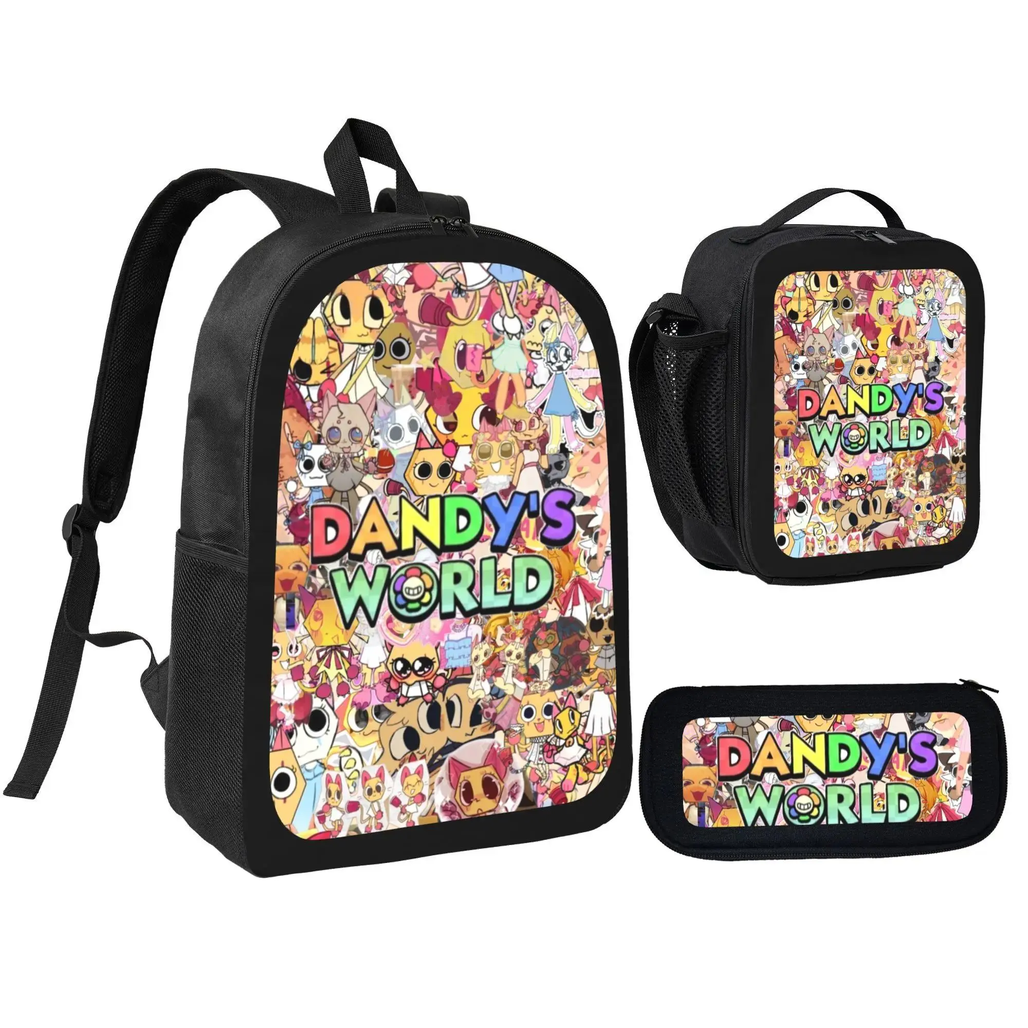 Kids' Unisex 3-Piece Game Print Backpack Set - Dandy's World Character Art School Bookbag with Zippered Insulated Lunch Bag & Stationery Pencil Pouch for School Use