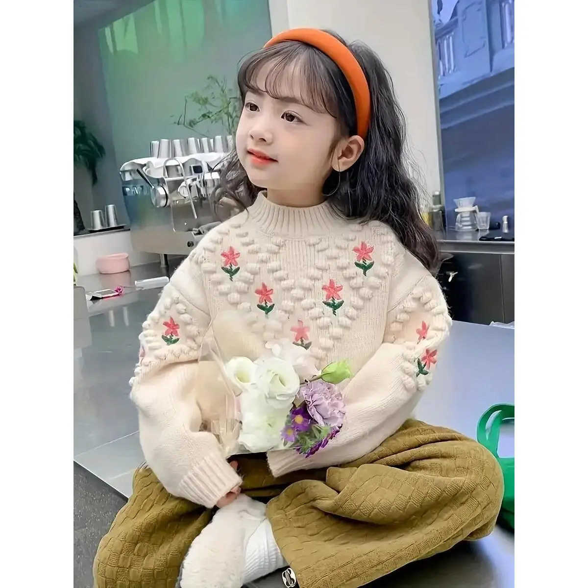Girls' Thick Knit Cable Pattern Long Sleeve Pullover - Autumn Winter Thick Warm Fitted Top, Fruits & Vegetable Themed Kids' Knitting Fashion Sweater (110(4-5y), 130(7-8y))