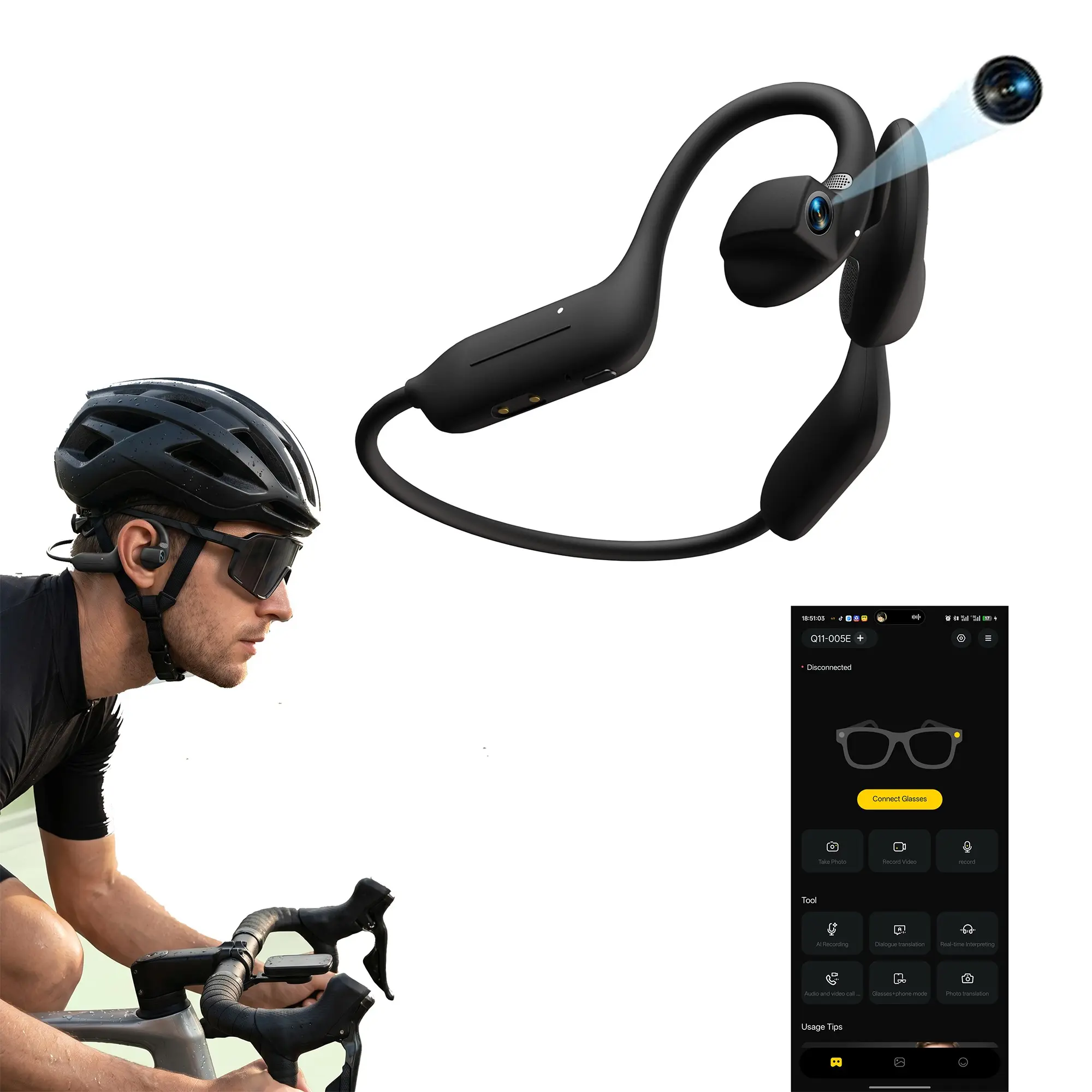 E900 AI Camera Headphones Wireless Bluetooth Earphones,8MP HD Camera,One-click Photo Video recording,AI Translation,Application Control,Outdoor Cycling Waterproof and Sweatproof Sports Headsets