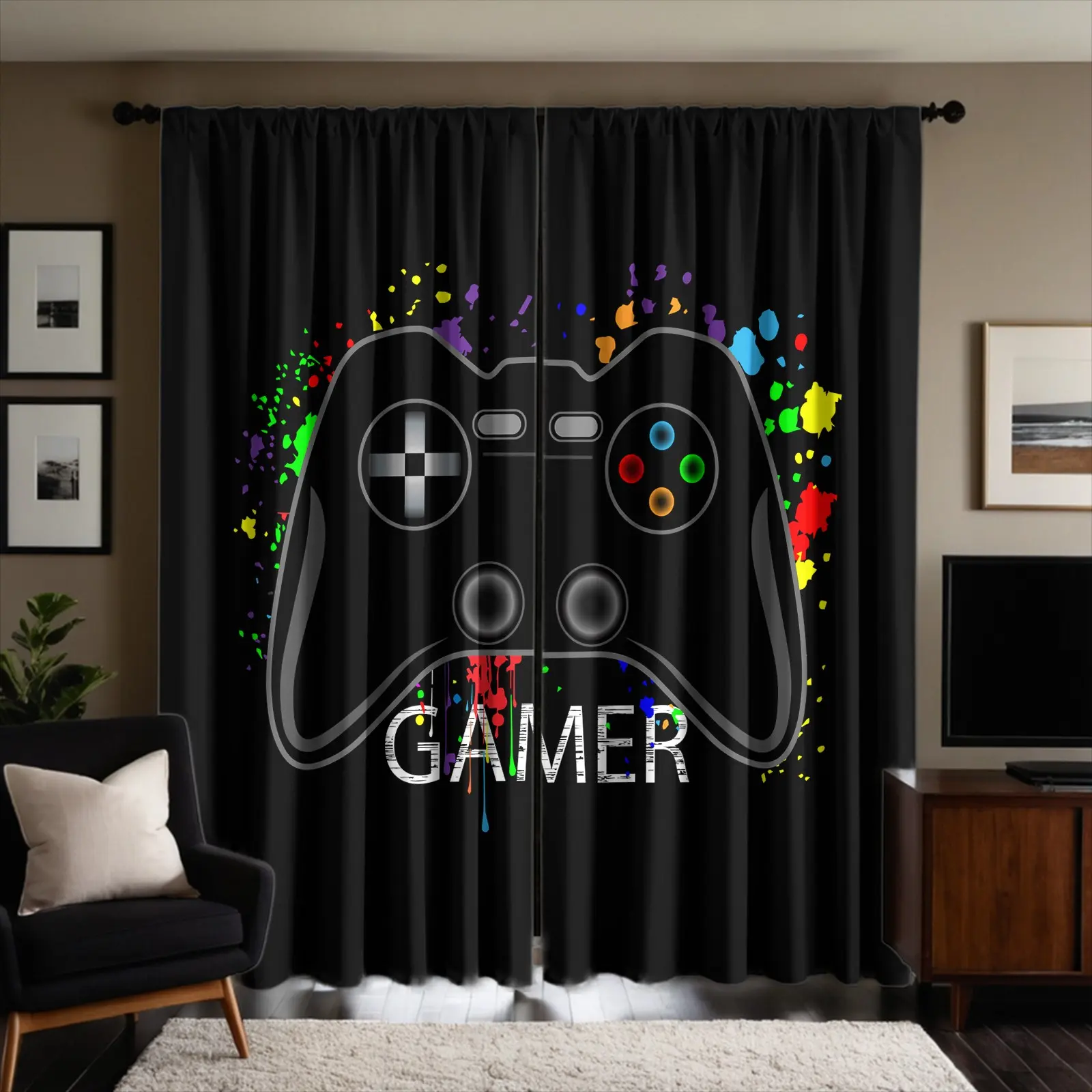 2 Panels Game Controller Color Splash Print Decorative Curtains, Semi-sheer Privacy Curtains, Rod-pocket Window Drapes for Gaming Room Teen Boys Bedroom Home Decor