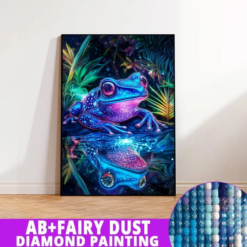 1PC framedless 5D Diamond Painting Kit-Colorful Glowing Frog in Lush Surroundings Colorful Glowing Frog in Lush Surroundings -Ornament Decorations for Home Resin Diamonds, AB Diamonds & Fairy Dust, Perfect for Adult Diamond Lovers,Holiday Gift
