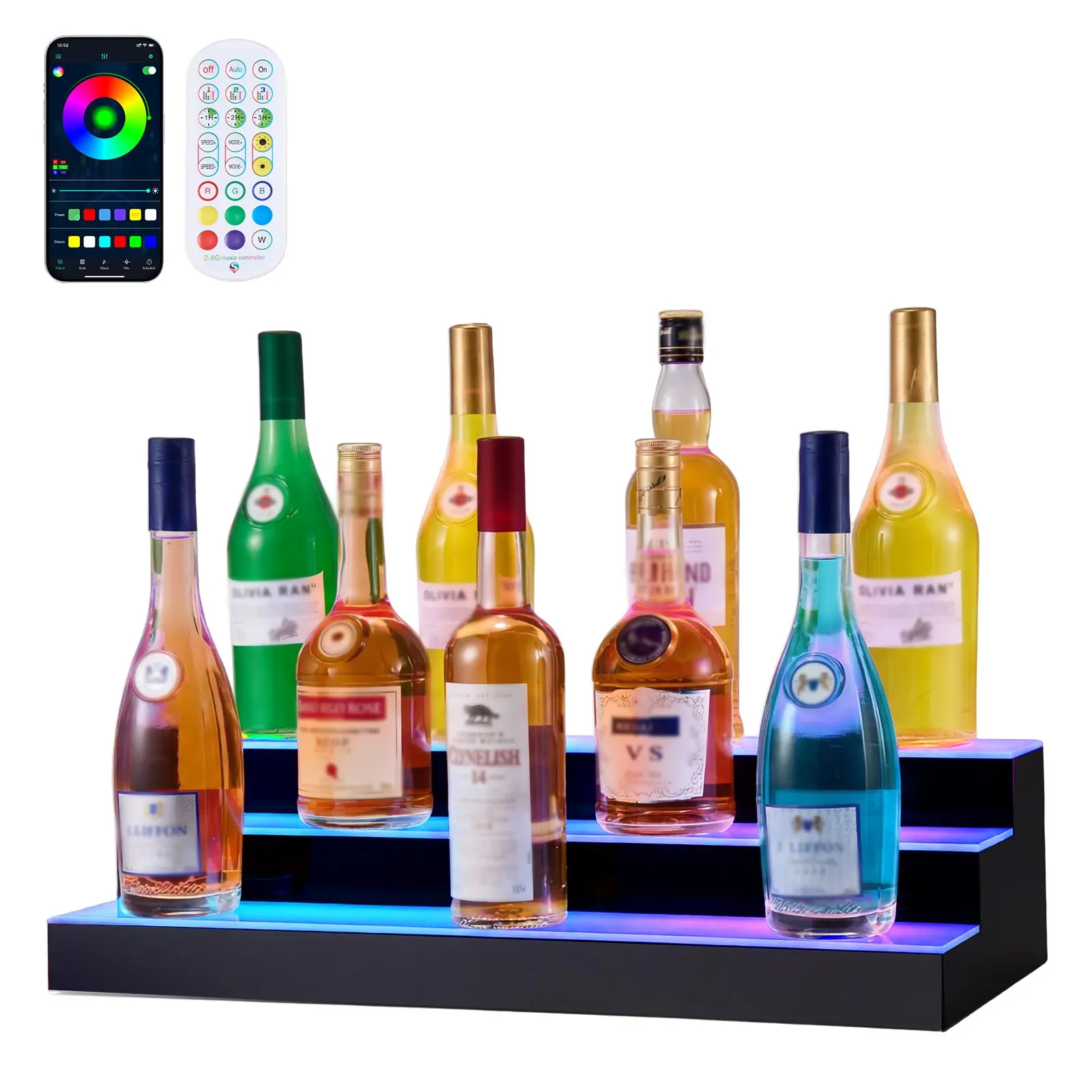 【Summerfinds】VEVOR LED Lighted Liquor Bottle Display, 3 Tiers 24 inches, Supports USB, Acrylic Illuminated Home Bar Shelf Display with RF Remote App Control, 9 Static Colors, Timing Mode, for 18-24 Bottles