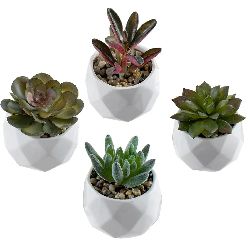 Miniature Artificial Succulents, Indoor Fake House Plants in Round White Geometric Ceramic Pots, Set of 4