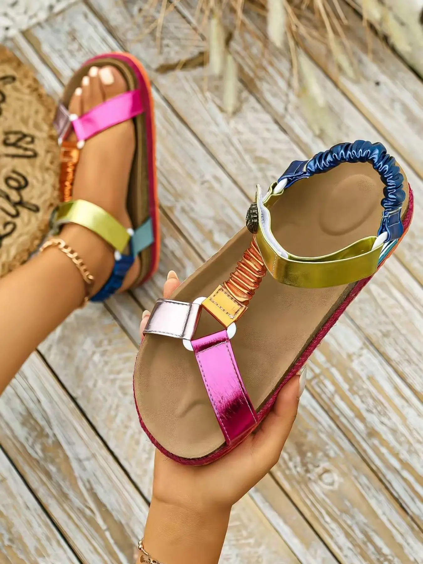 Women's Vibrant Rainbow Flat Sandals, PU Leather Upper, Elastic Waist Design, Fashionable and Comfortable, Ideal for Daily Wear, Perfect Gift Choice