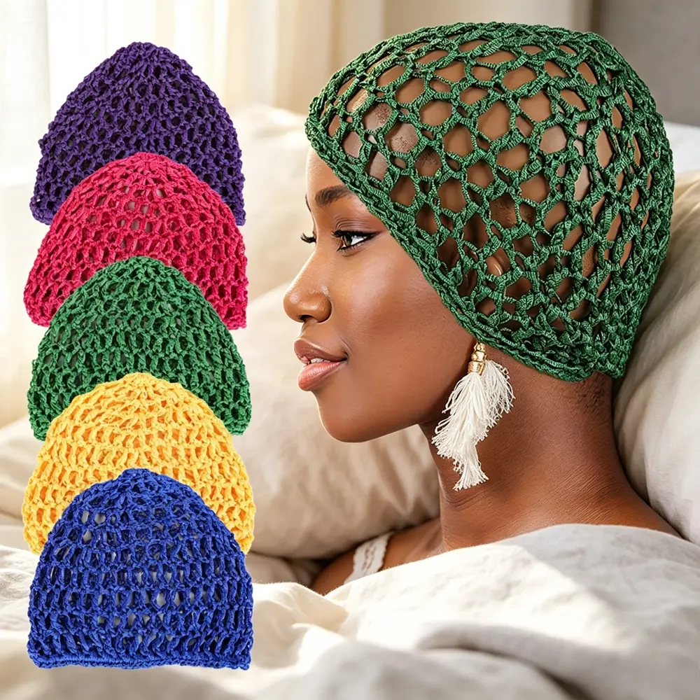 Viral 2-pack random shade sleeping hair nets handcrafted with delicate crochet. Elastic lightweight viscose mesh prevents hair tangles overnight, perfect for mask time and noon rest, daily hair care essential for long-haired ladies.