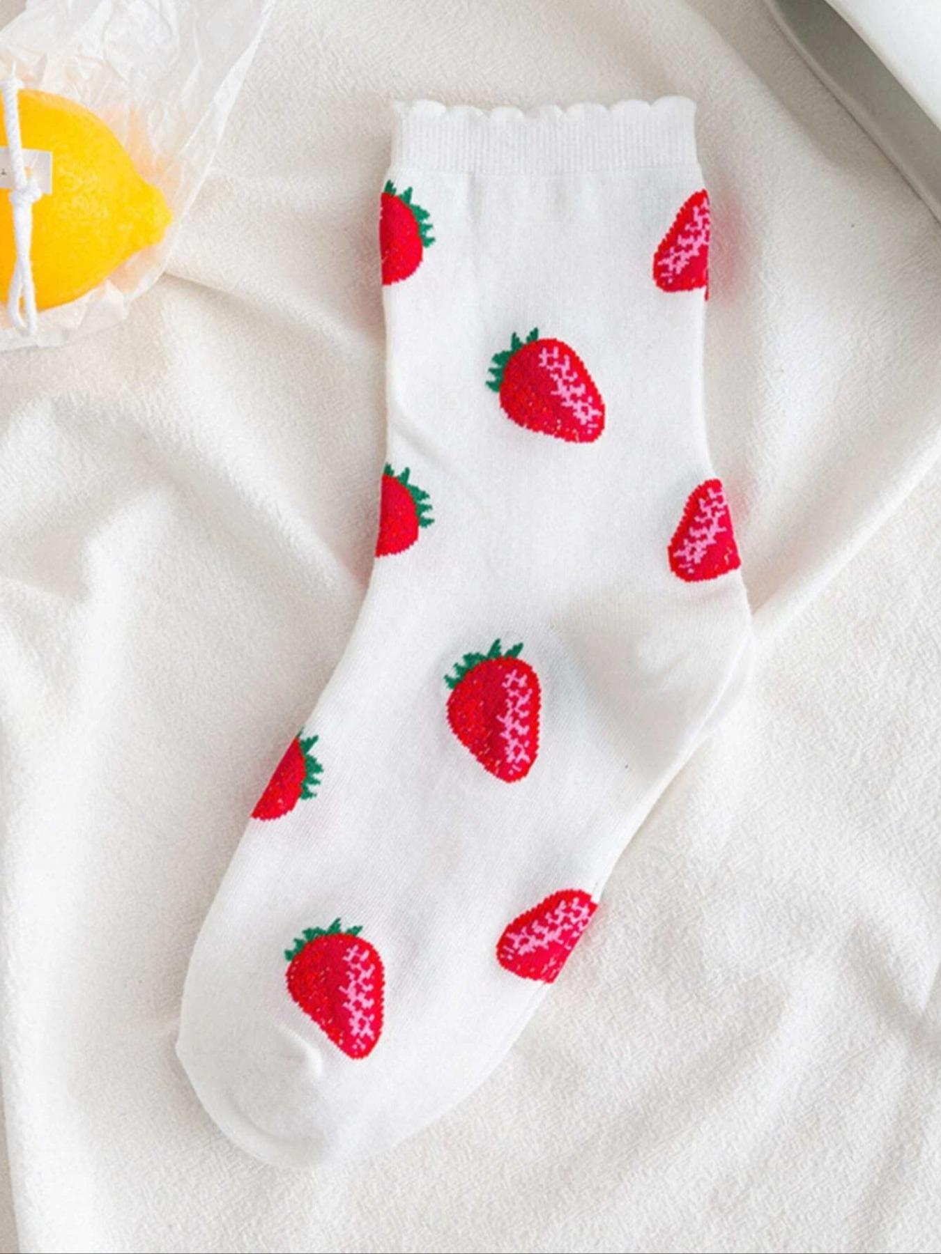 Women's 2 Pairs Strawberry Print Jacquard Crew Socks, Fall Wear, Fallfreshness Casual Moisture Wicking Socks, Soft Comfy Breathable Socks For All Seasons Daily Wear, Womenswear, Sock Set