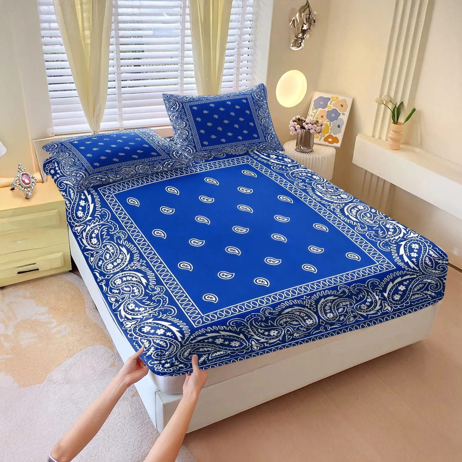 American Square Paisley Sheets All Over Print Fitted Sheet Set 3Pcs, Printed Bedding Set, 1 Fitted Sheet & 2 Pillowcases Without Pillow Inserts, Breathable Wear-resistant Vibrant Fabric, Machine Washable All Season, Personalized Trendy Home Bedding Set