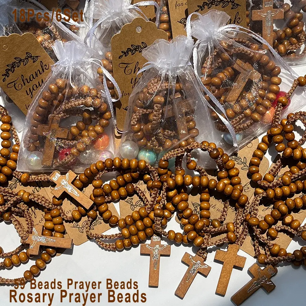 18pcs/6sets Hand-Woven Wooden Cross Rosary Amulet Catholic Rosary Party Favors Set, For Church Donations, Baptisms, Wedding, First Communion, Religious Gifts, Holiday Gifts, Confirmations, Goodie Bags Fillers