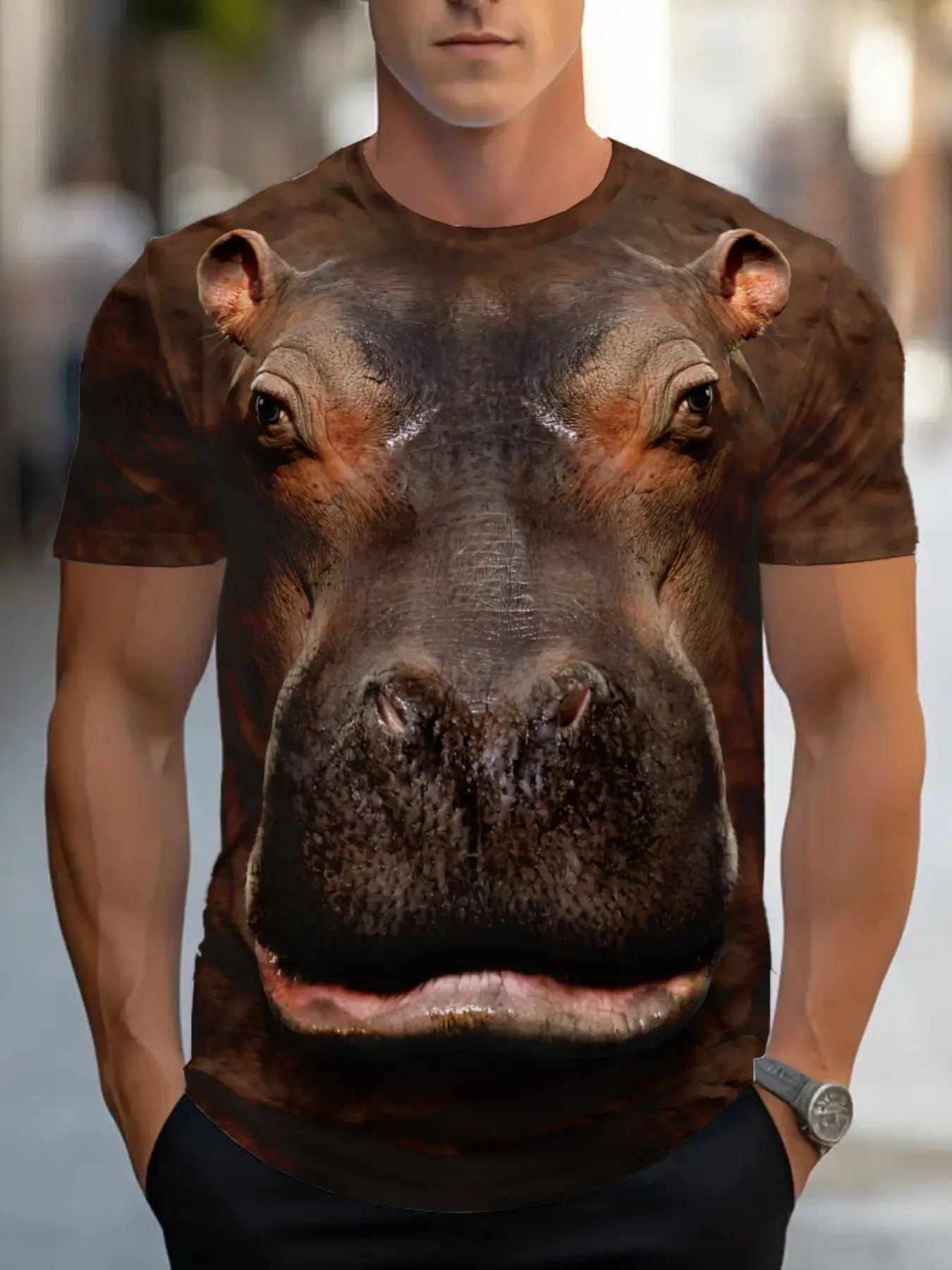 Men's 3D Hippo Headprint Short Sleeve Streetwear T-Shirt, Casual Slim-Fit Long Tee, Funny Animal Design, Round Neck, Unisex Fashion Top