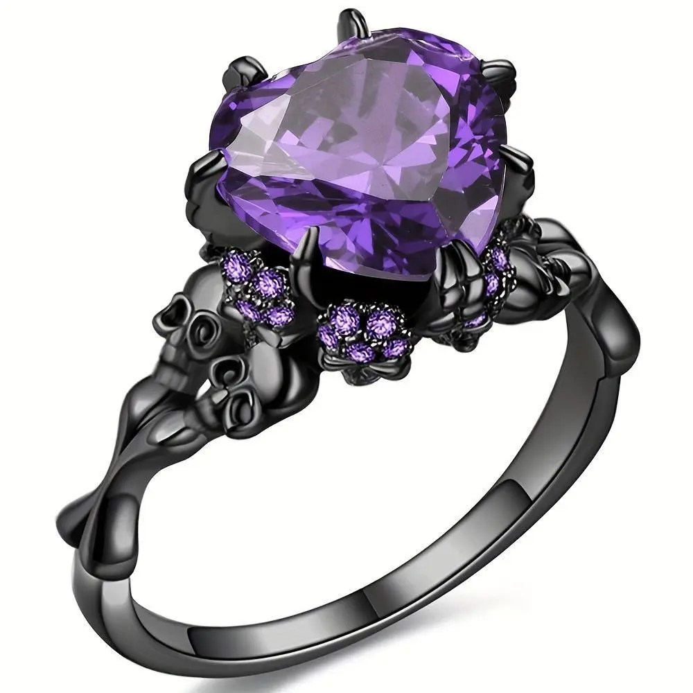 Vintage Gothic Hip-hop Amethyst Heart Skull  Cubic Zirconia Ring - Ideal Gift for Halloween, Mother's Day & Father's Day Dark Aesthetic Rings Beautiful Rings
