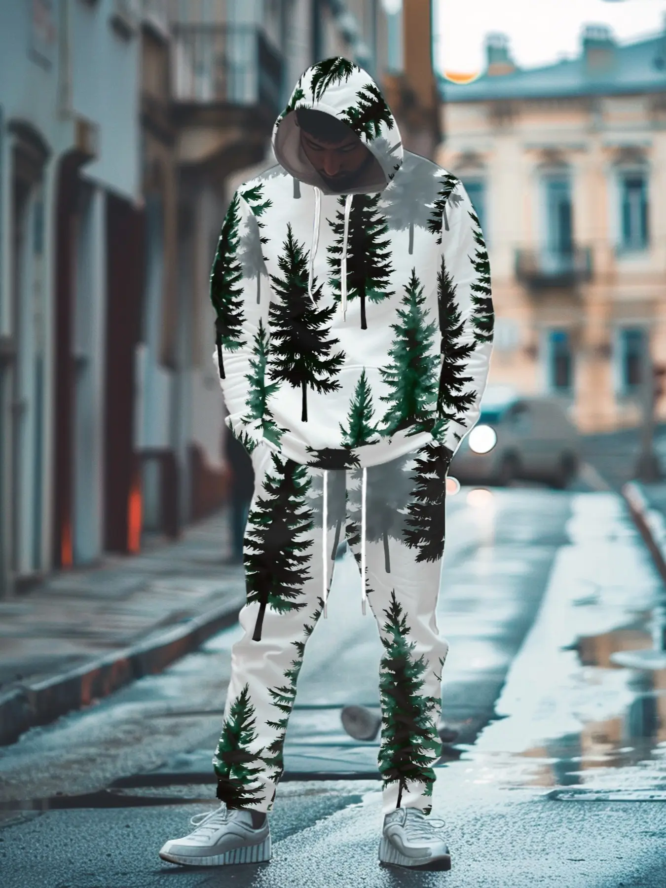 Ink Ink Tree Pattern Print Hoodie and Pants Set for Fall and Winter Casual Streetwear Slim Fit Unlined Suit for Outdoor and Leisure