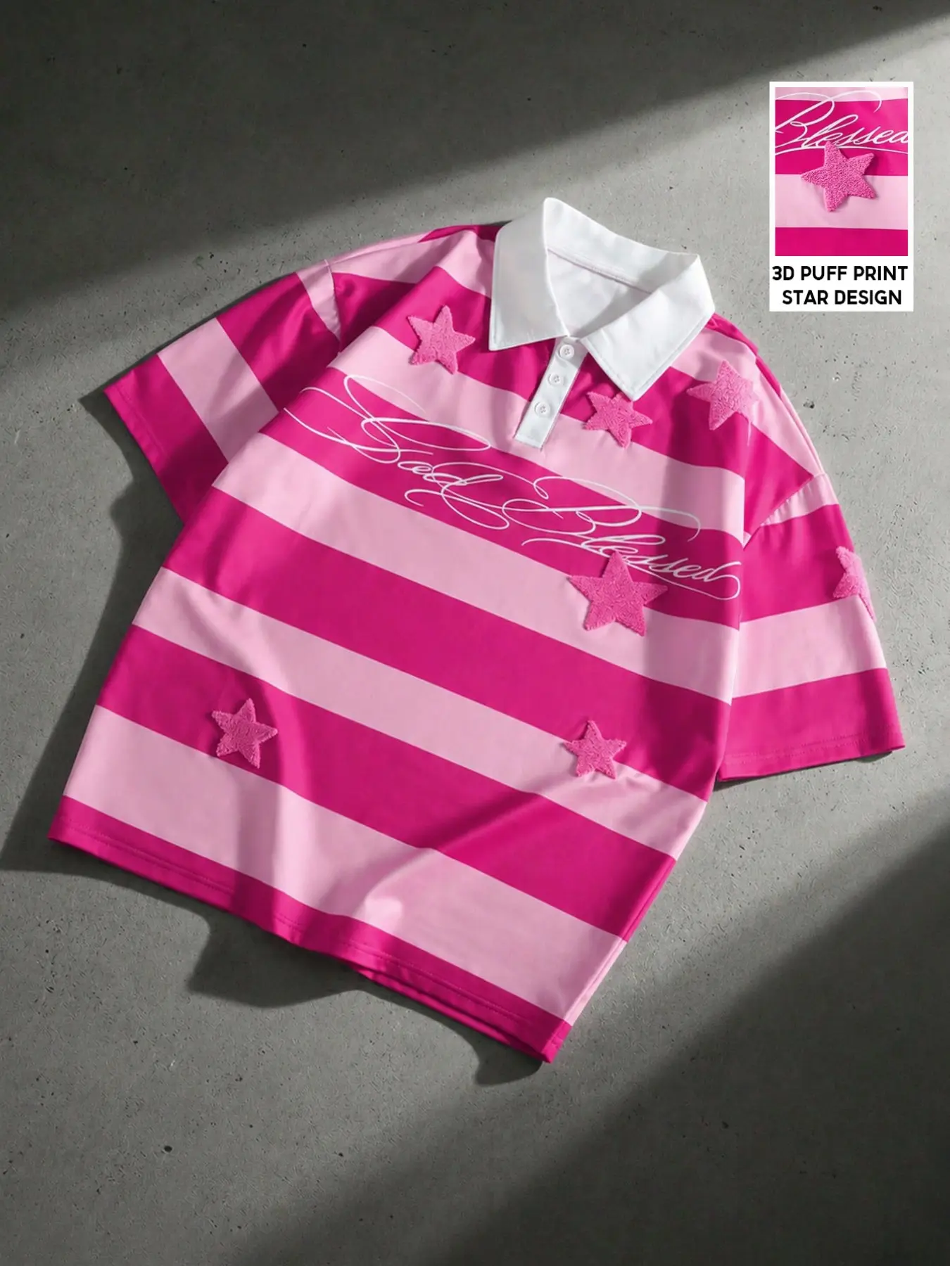 Y2K Style Striped Polo Shirt, 3D Star Print, Loose Fit, Short Sleeve, Unisex Summer Top, Streetwear Fashion