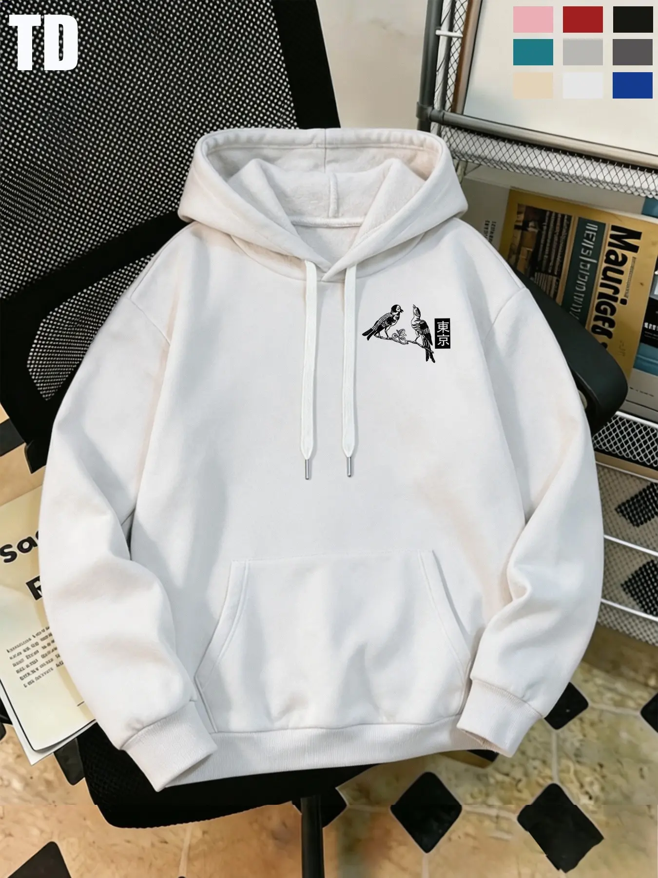 Td Men's New Trendy Floral Plain Fleece Lined Hooded Sweatshirt, Casual Long Sleeve Asymmetrical Design, Spring & Fall Outerwear, Comfy Quality Hoodie