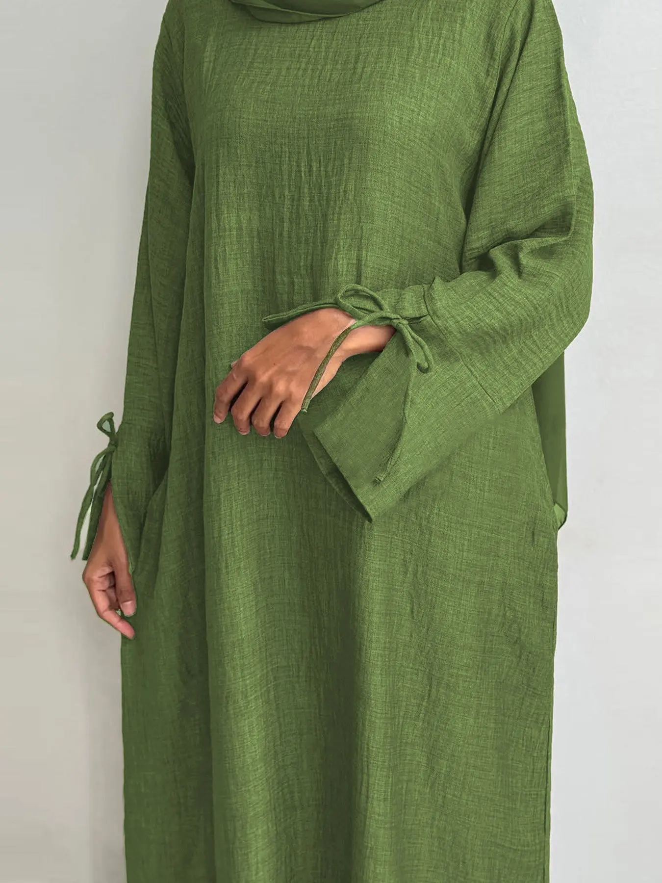 Women Maxi Abaya Dress, Drawstring Tie Cuff Long Sleeve, Modest Islamic Kaftan, Solid Muslim Gown, Elegant Casual, Kaftan Abaya Robe, Modesty Wear