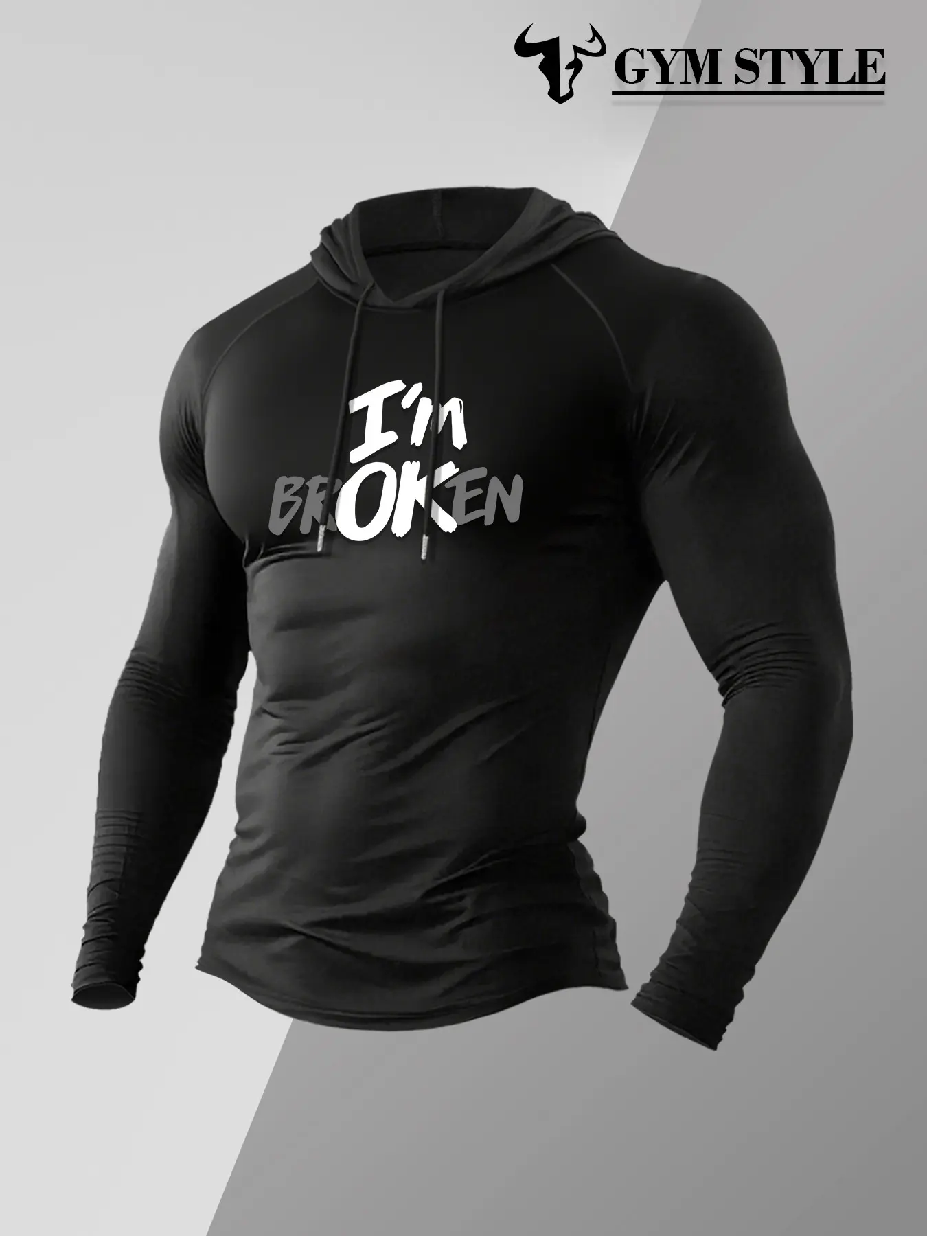Men Drawstring Hooded Compression Long Sleeve T-Shirt I'm Broken Graffiti Letter Slogan Print Quick Dry Slim Muscle Fit Athletic Base Layer For Gym Bodybuilding Jogging Outdoor Training Daily Street Wear 2026 Trendy #gymbaselayer #musclefithoodie #workout