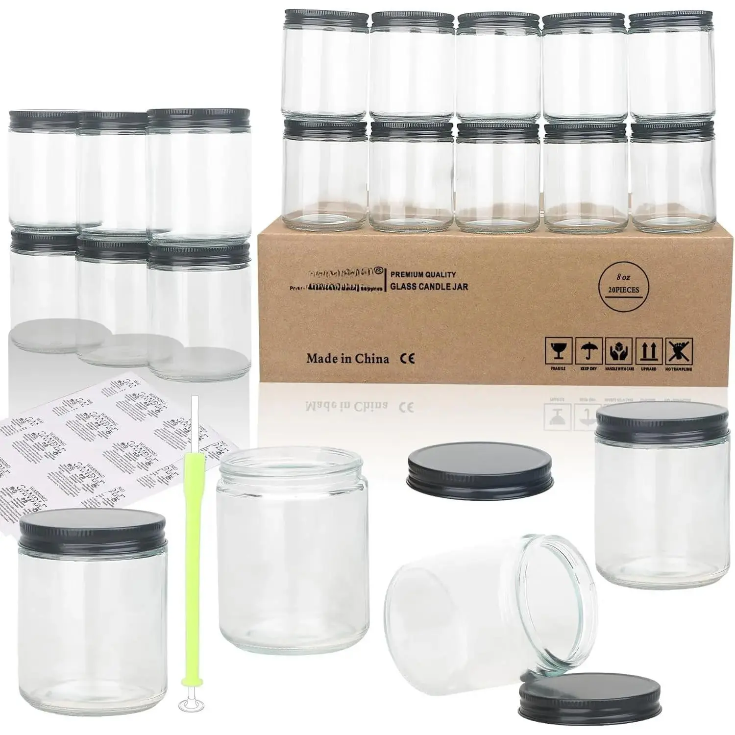 20 Pack 8 OZ Thick Glass Clear Candle Jars with  Black Metal -Bulk Empty Candle Jars for Making Candles-Canning Jar for , Liquid, Sample- Dishwasher Safe.