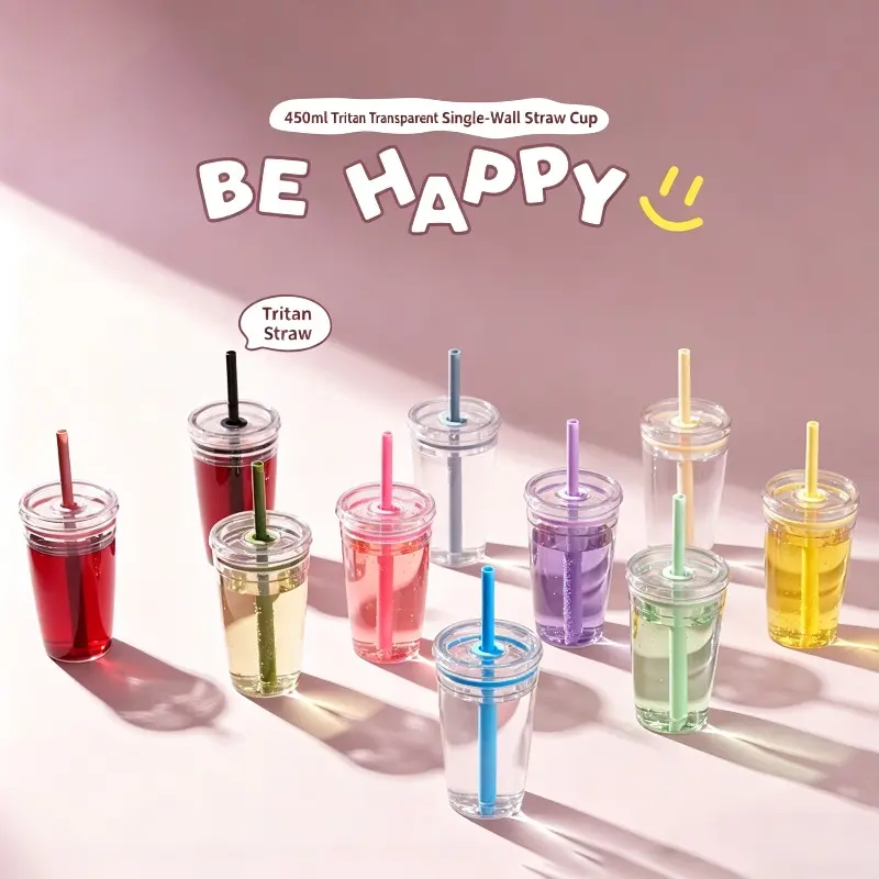 2026 new cross-border 450ml single-layer Tritan straw cup milk tea cup coffee cup multi-color candy straw cup Portable Drink Tumbler