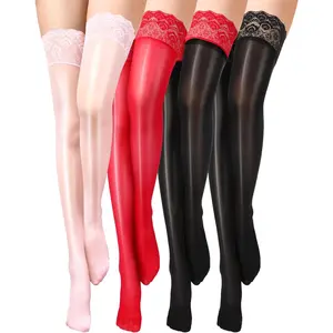 3/4/6 Pairs Shiny Thigh High Stockings Silicone Lace Top Stay up Hosiery Silky Semi Sheer Tights  Women