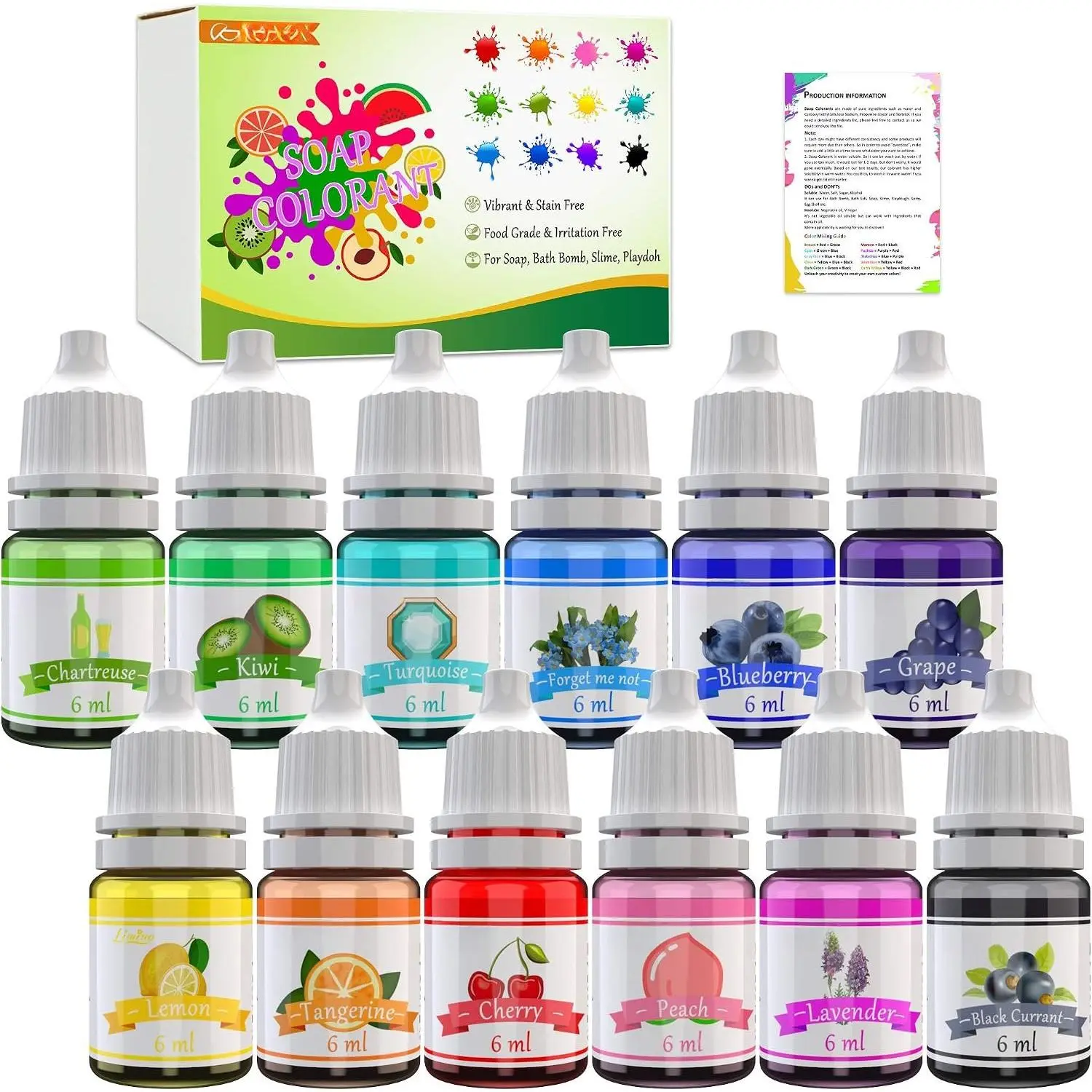 12 Color Vegan Bath Bomb Soap Dye - 2.52oz Safe Blend, Friendly for DIY Soap Making Supplies, Crafts - Easy to Disperse with Instructions, 12 Colorants