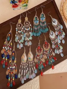 6 Pcs Boho Fringe Long Earrings Set, Ethnic Style Dangle Ear Jewelry, Vintage Multicolor Drop Earrings for Women