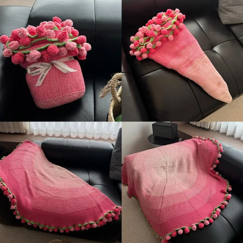 1pc Finished Rose Bouquet Blanket Hand Woven Knitted Acrylic Blanket Warm Throw for Valentine Day Gift Giving