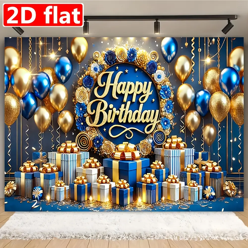 2D Flat Blue and Gold Happy Birthday Polyester Photography Backdrop Sheet - HD Digital Print, All Over Print Festive Backdrops & Banners, Soft Lightweight Foldable Cloth, Unisex for Party Events, Portrait Photoshoots, Video Studios