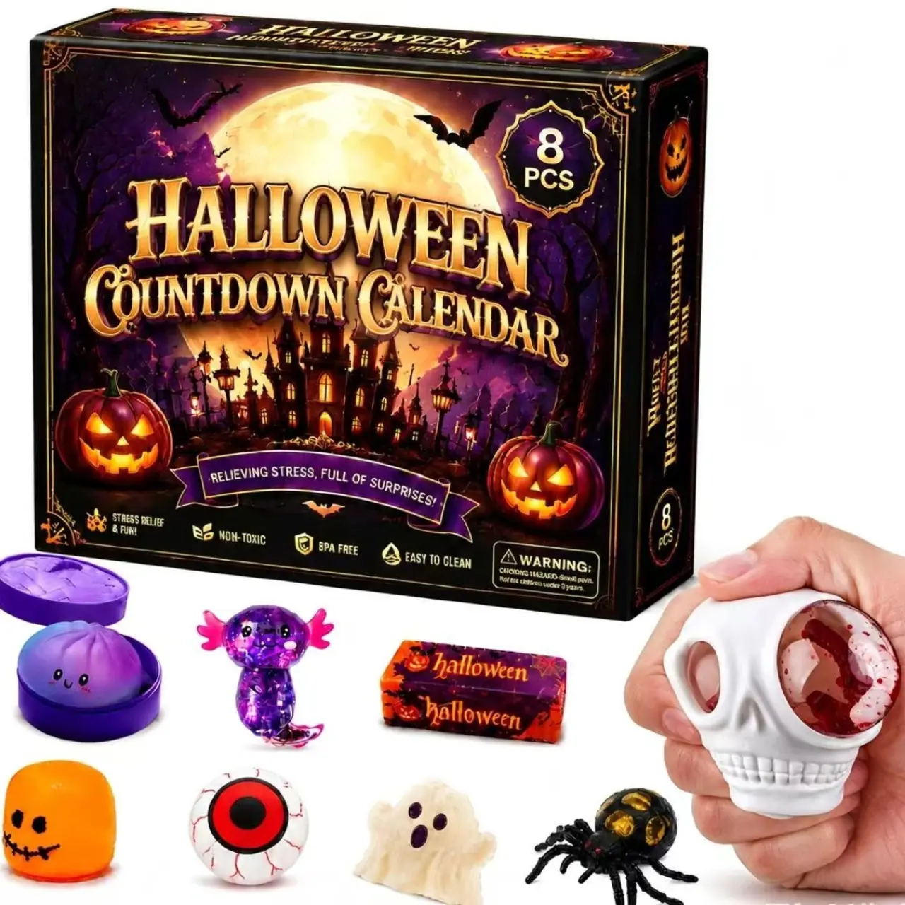 8 Pcs  Malt Sugar Squishy Box, Slow-Rising Stress Relief Fidget Toys, Sensory Play Bundle, Assorted Styles for Party Favors & Gifts，Halloween Mystery Gift Box