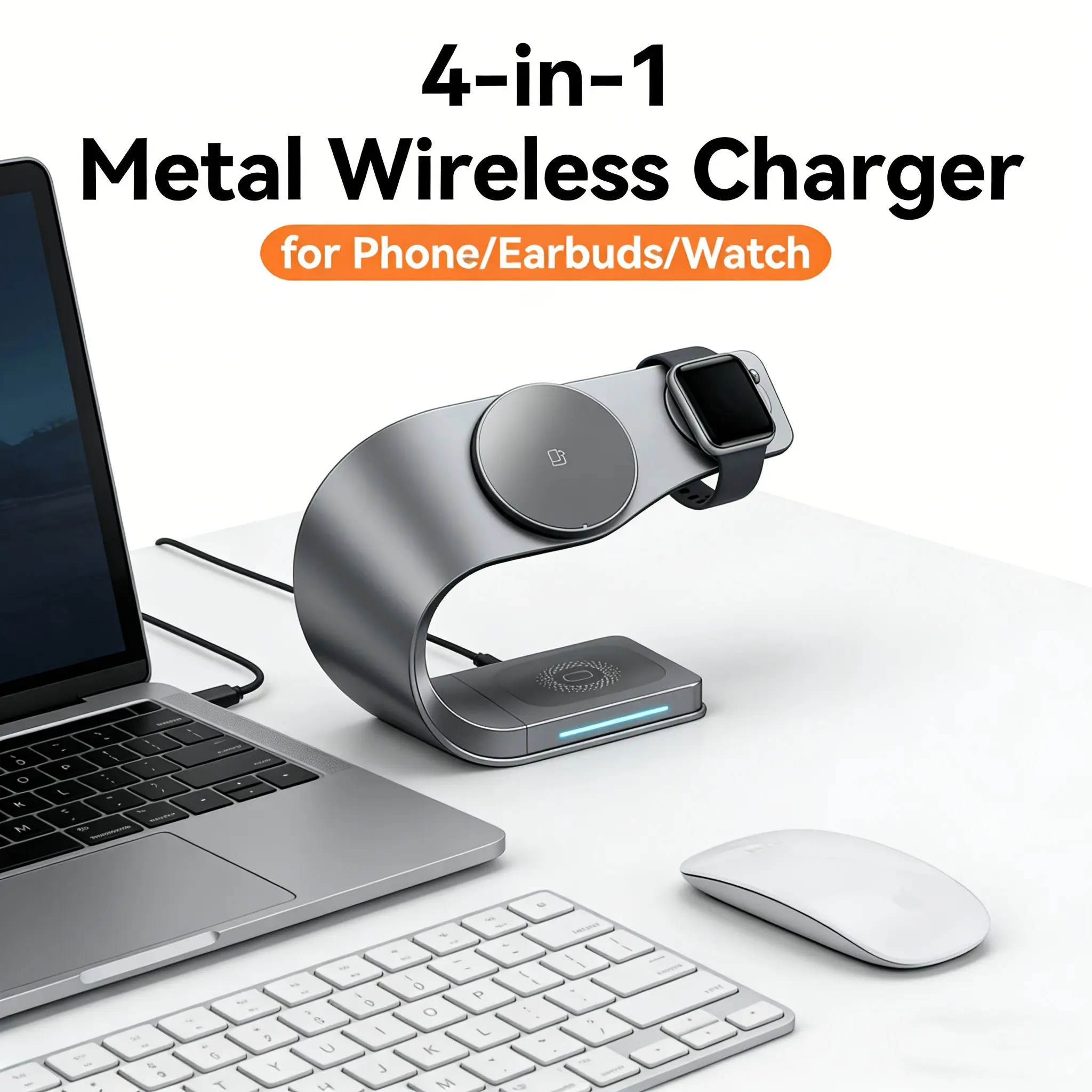 4 in 1 Wireless Charger, Metal Shell Magnetic 15w Fast Charging Station, Stand for iPhone 12-17, AirPods, Apple Watch