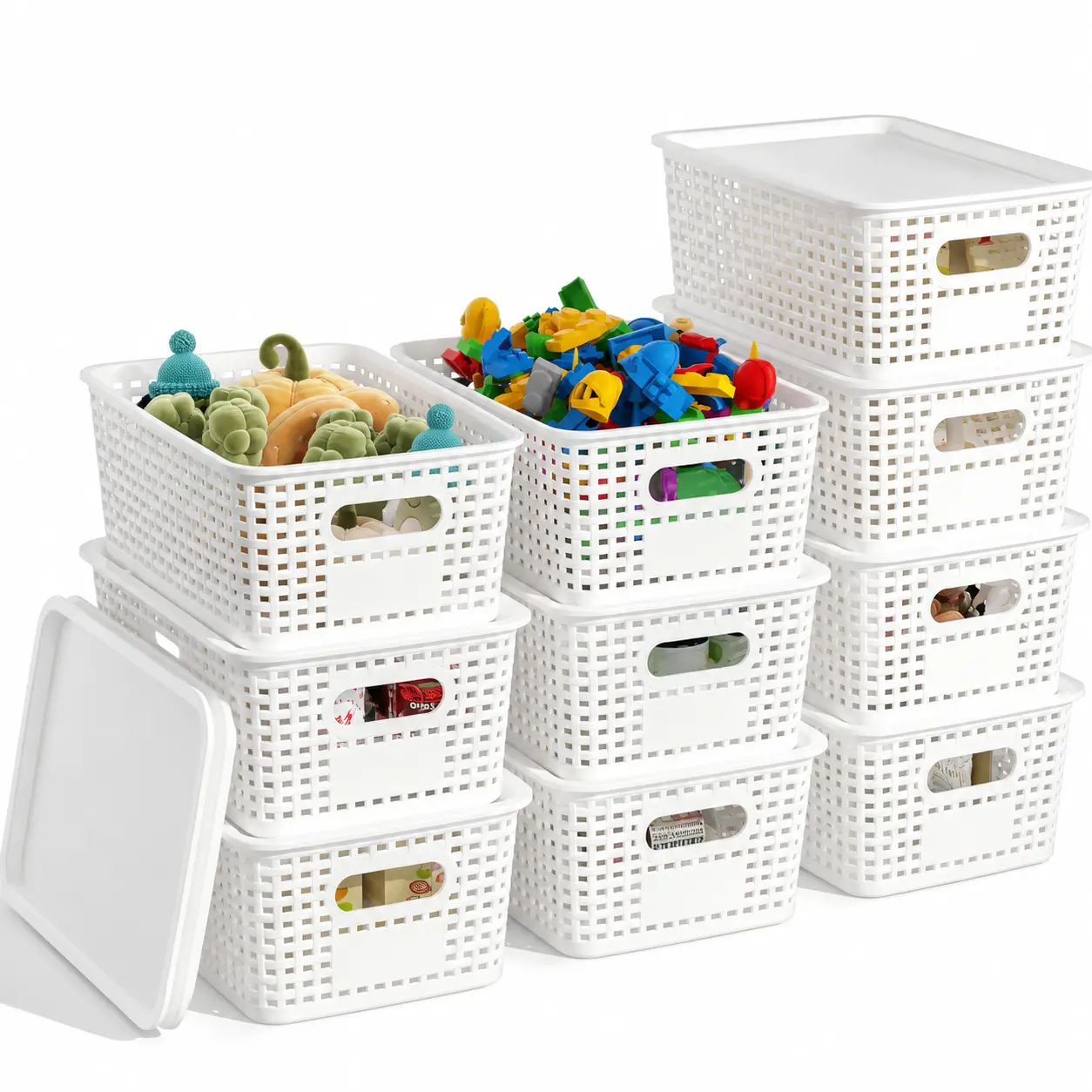 Plastic Storage Baskets with Lids 6/10-Pack Stackable Decorative Organization Bins for Classroom Playroom Closet Pantry Shelves
