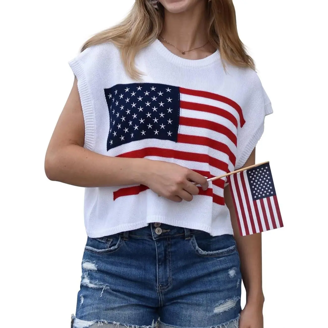 Womens American Flag Sweater Cap Sleeve Summer Crop Tops Crew Neck Loose Fit Knit Sweater Pullover TopGift