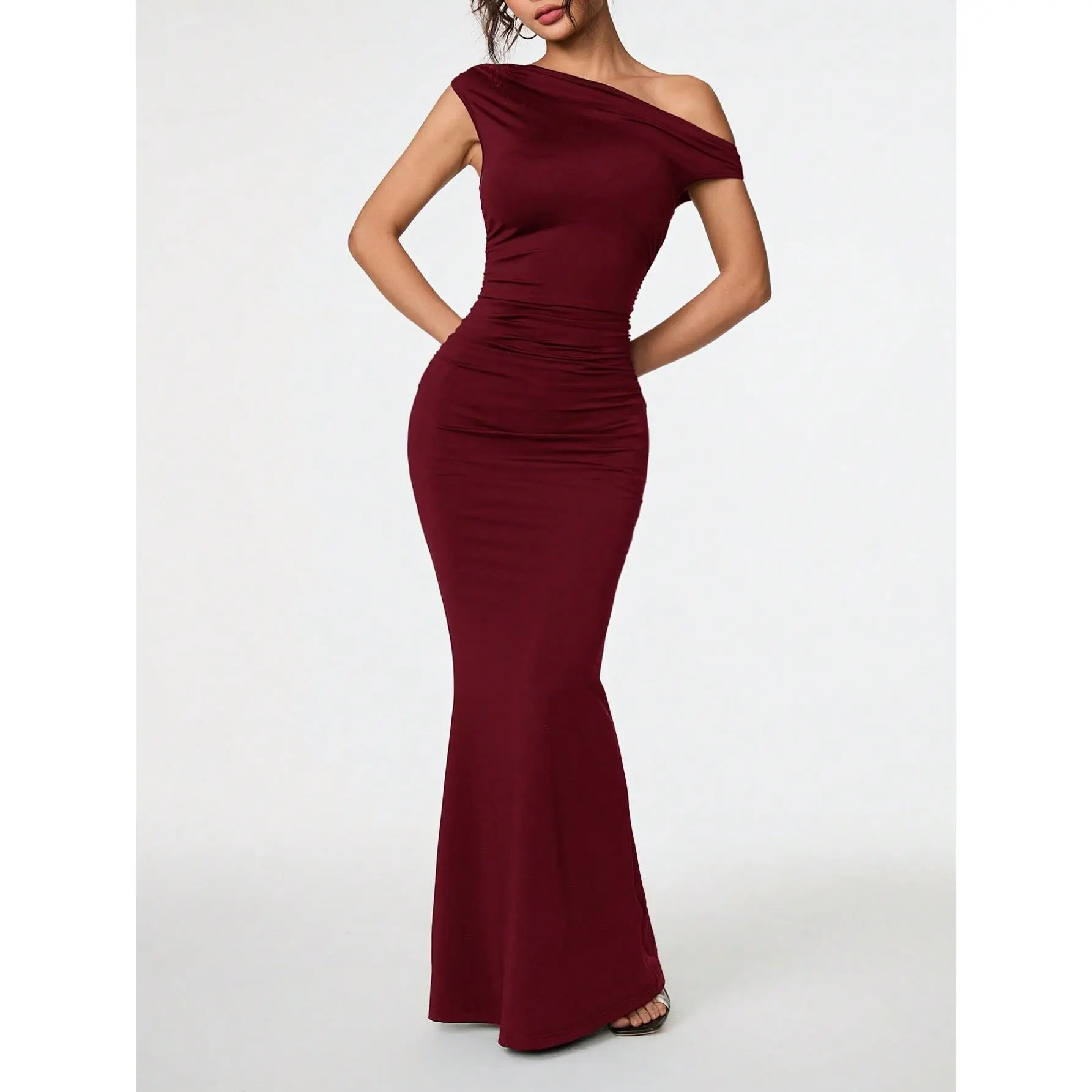 Women's Sleeveless Ruched Off-The-Shoulder Solid Maxi Dress - Formal Dresses for Wedding Guests, Anniversary Events, Breathable, Comfortable, Low-Iron, Elegant, Flowing, Chic, Do Not Bleach