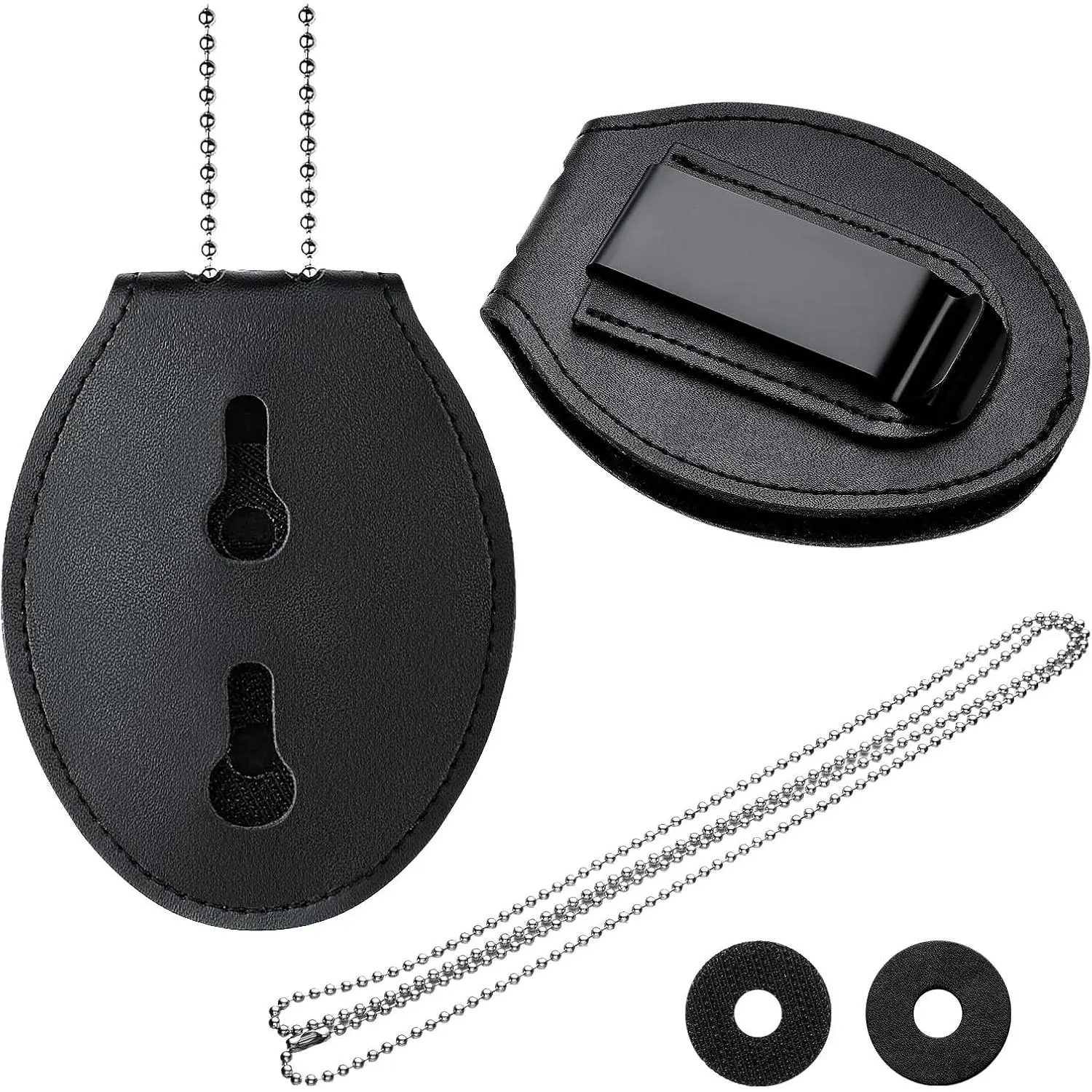Neck Chain Badge Holder Leather Police Badge Holder Security Card Holder with Inside ID Storage Universal Chain Badge Sleeve for Police, Firefighter, Detective (Oval)