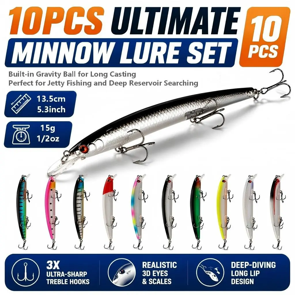 10PCS Professional Minnow Fishing Lures Set, 1/2 oz Sinking Jerkbaits Pack, 5.3" Deep Diving Hard Baits for Bass Pike Walleye, Saltwater & Freshwater Predator Kit, Tackle Set, Fishing Equipment, Fishing Gear
