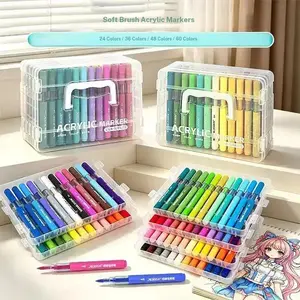 24/36/48/60 Color Soft Tip Acrylic Markers, Fast-Drying, Non-Transparent, Stackable, Transparent Pen Case, Student Art, Sketching, Multi-Material Brush, Art Marker Pens